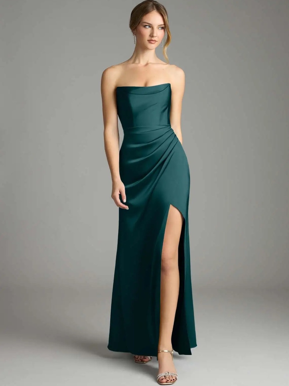 NWT Azazie Leonis Pine Mermaid Pleated Stretch Satin Convertible Dress - Picture 4 of 4